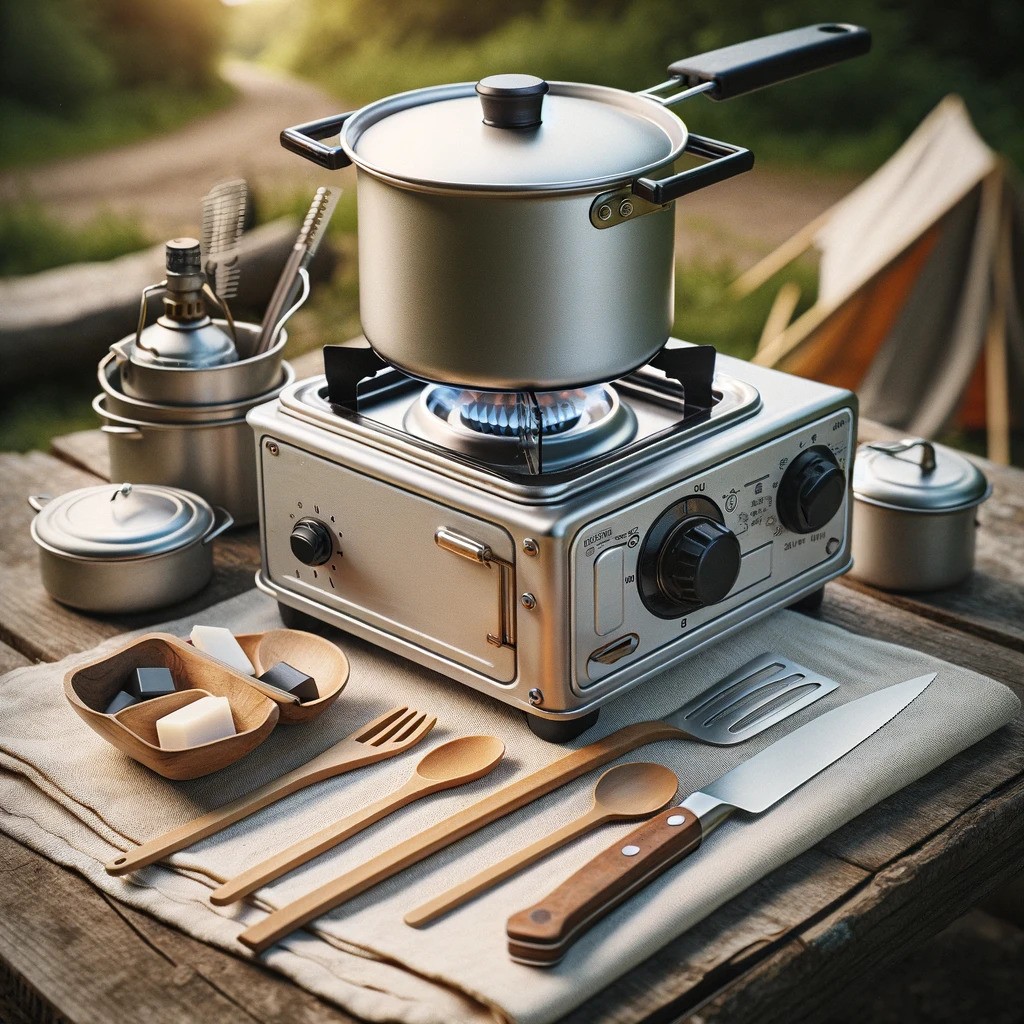 Compact cooking stove and cooking utensils for RV